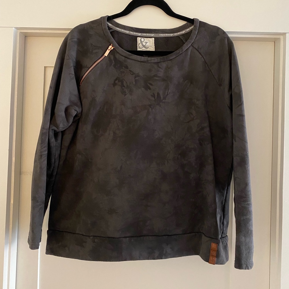 Black tie dye crew neck sweatshirt with rose gold zipper detail